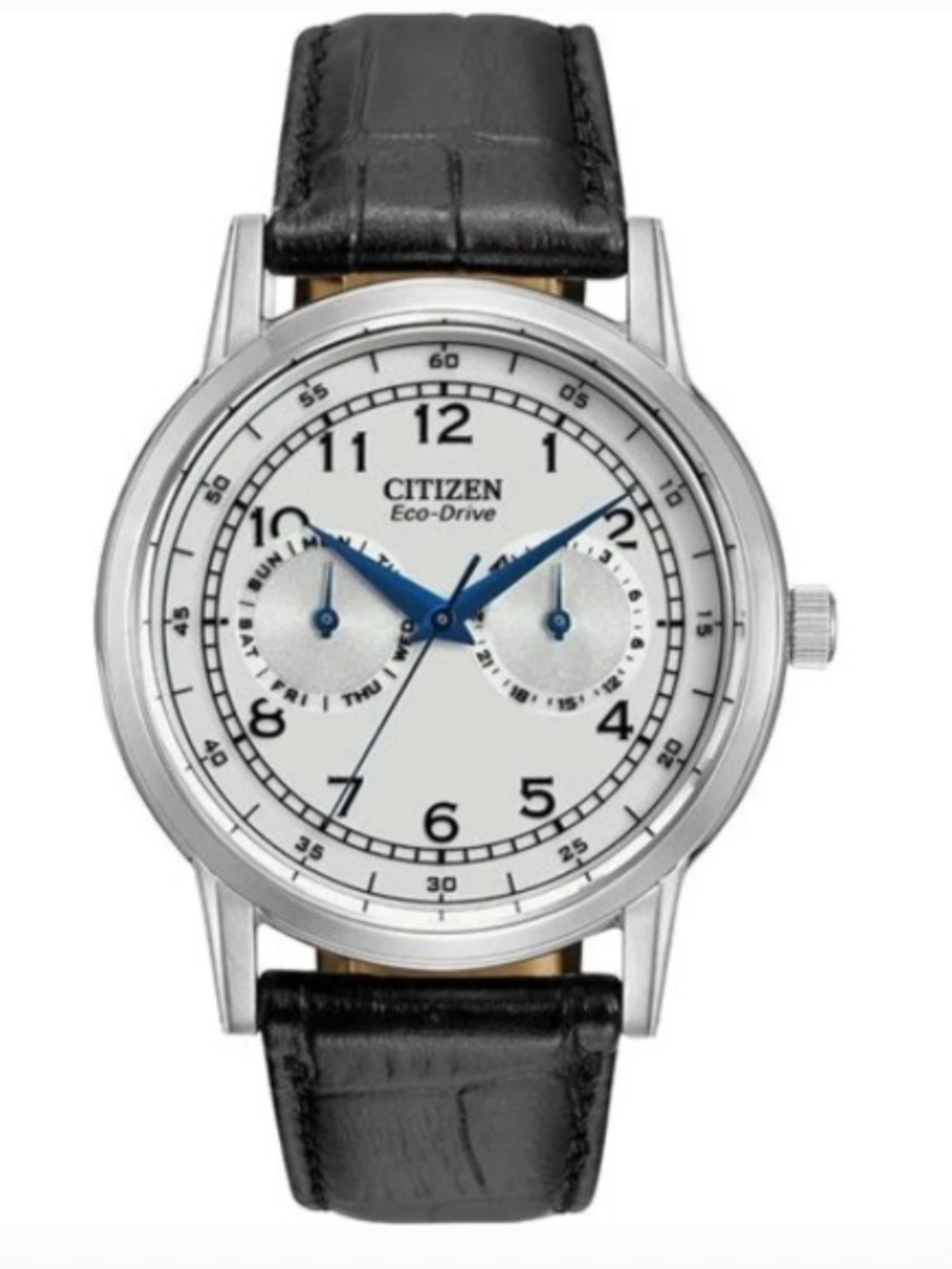 Citizen Silver Dial Watch with Blue Hands and Black Strap